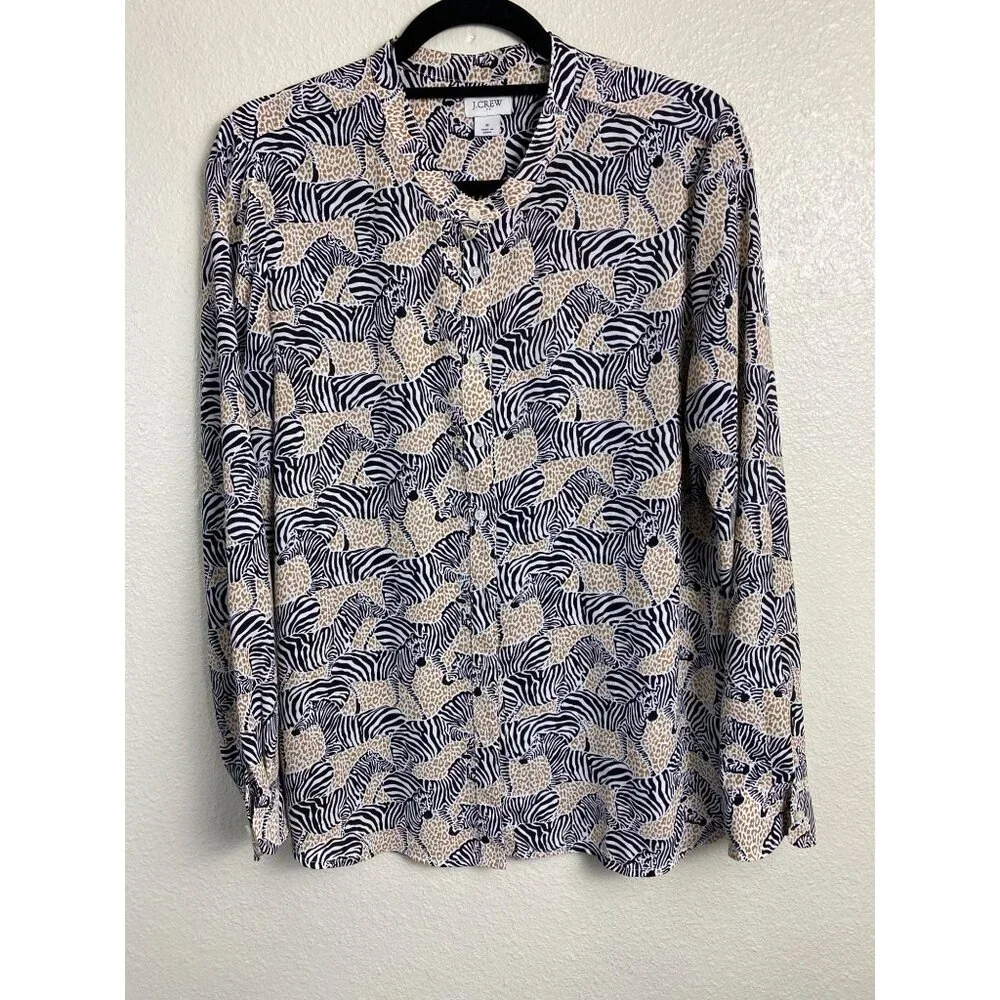 J.Crew Womens Zebra Leopard Long sleeve Button Up Top‎ Size Medium Preppy Boho